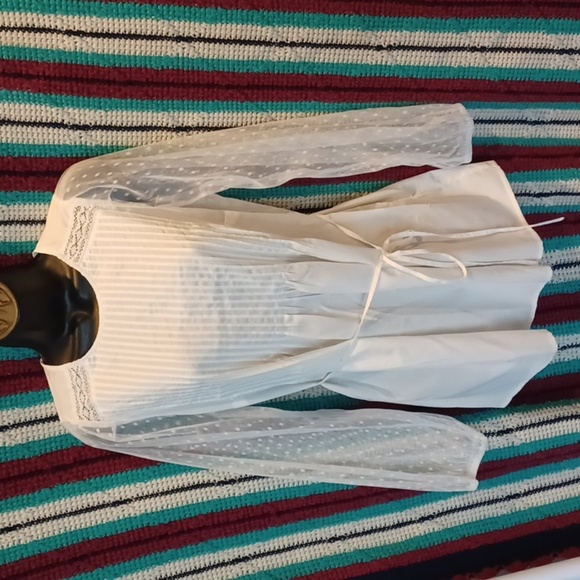 Motherhood Maternity White Tie Waist Blouse with Lace Detailed Sleeves, EUC - Picture 1 of 6